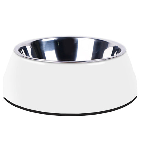 White pet bowl with a metallic interior on a white background