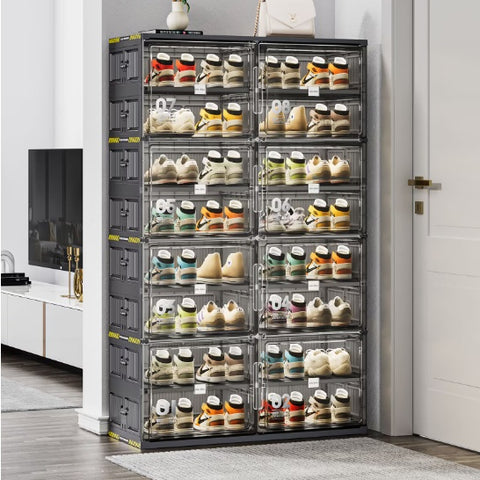 6 Layers Of 24 Pairs Of Hard Plastic Shoe Storage Cabinet, Large Stackable And Foldable Sneaker Shoe Box Storage Cabinet