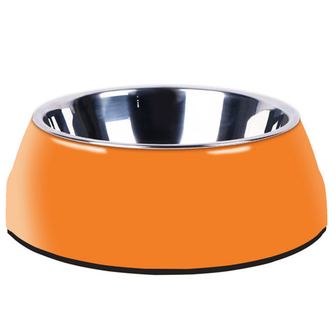 Orange pet bowl with a silver interior on a white background