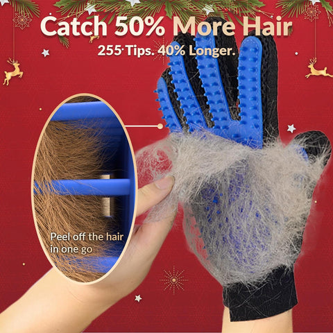 Hand wearing a blue grooming glove covered in collected gray fur with a red background and a label about catching more hair