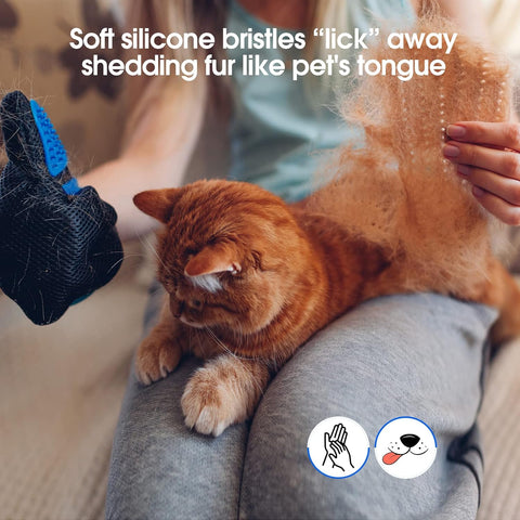 Orange cat being gently brushed by a hand in a blue grooming glove with text about soft bristles lifting loose fur