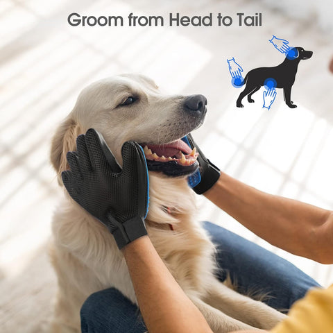 White dog being petted from head to tail by a person wearing a black grooming glove with a small dog icon above