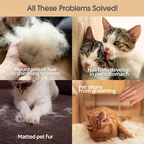 Collage of cats and matted fur with a gloved hand showing common shedding problems that the grooming glove helps with