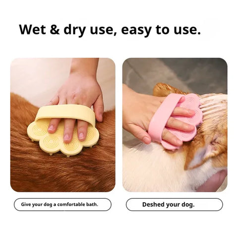 Hands using yellow and pink paw-shaped massage brushes on dogs for wet and dry grooming