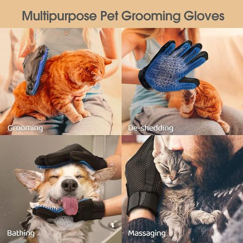 Collage of a cat, a dog and a gloved hand showing grooming massaging and fur removal with the pet hair mittens