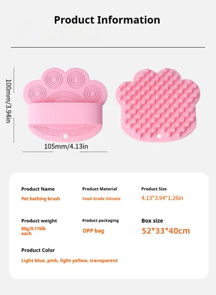 Pink paw-shaped silicone bath brush front and back, 105 x 100 mm, with size and material details
