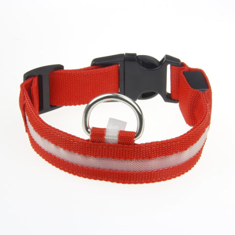 Red nylon LED pet collar with a white light strip, silver D-ring and black quick-release buckle