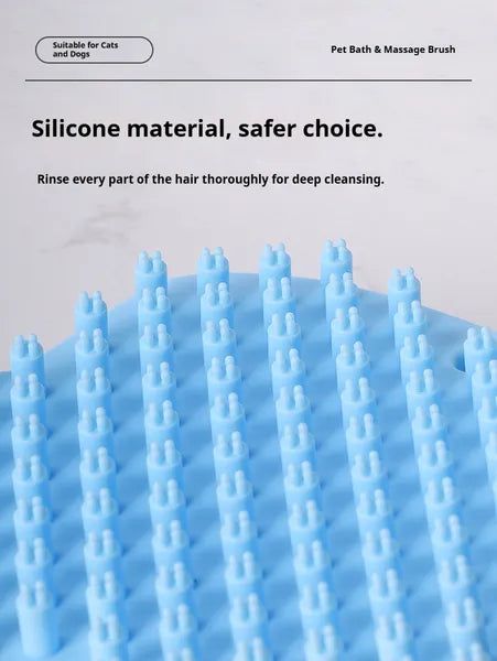 Close-up of soft blue silicone bristles on a pet bath brush for deep cleansing