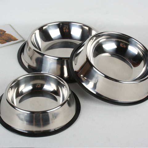 Stainless steel dog bowl with a black non-slip rubber base