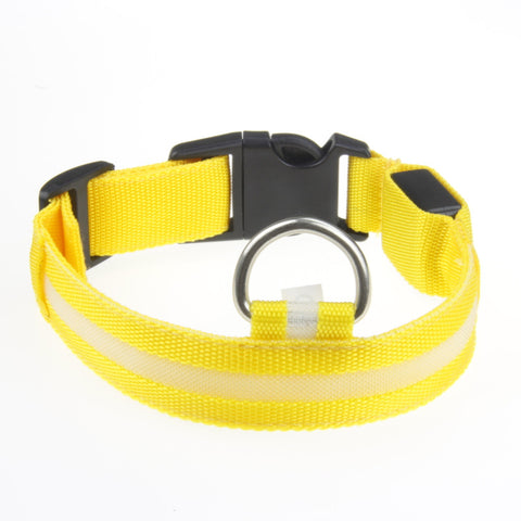 Yellow glow dog collar with a clear LED light strip metal D-ring and black side-release clasp